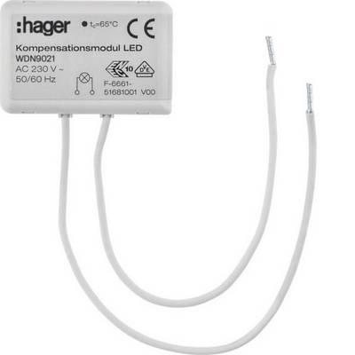 Hager LED-Kompensationsmodul WDN9021, ein kleines weißes Elektrobauteil mit zwei grauen Drähten und aufgedruckten AC-230-V-Spezifikationen.