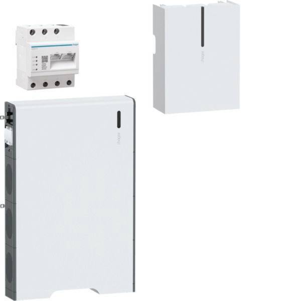 Produktanzeige eines weißen elektrischen Bedienfeldes mit passendem Gehäuse, neben einem kleinen Leistungsschalter, auf neutralem Hintergrund dargestellt.
