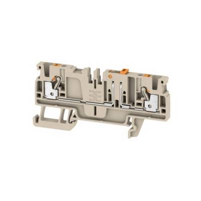 Querschnitt eines beige farbenen DIN-Schienenklemmenblocks mit orangefarbenen Entriegelungslaschen, wobei interne Metallkontakte und Verdrahtungskanäle auf weißem Hintergrund sichtbar sind.