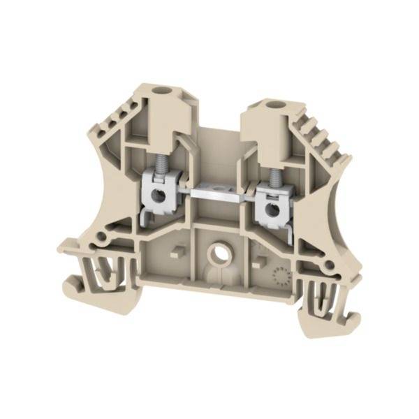 Querschnitt eines beigefarbenen elektrischen Klemmblocks, der interne Metallklemmen, Schrauben und Verdrahtungskanäle auf weißem Hintergrund zeigt.