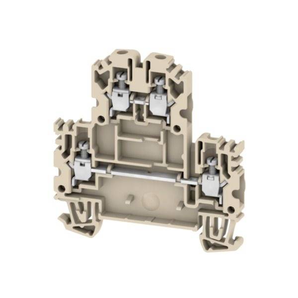 Querschnitt eines beigen Elektroterminalblocks, der interne Metallfederkontakte und Verdrahtungskanäle in einem Kunststoffgehäuse zeigt.