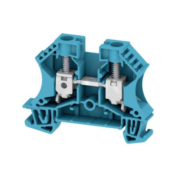 Querschnitt eines blauen DIN-Schienenklemmenblocks mit zwei Federklemmen und einer verbindenden Metallbrücke, die die interne Verdrahtungsverbindungsstruktur zeigt.