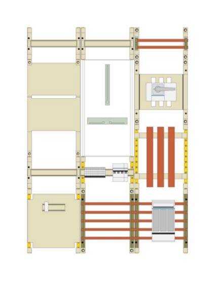 Technisches Diagramm einer modularen rechteckigen Rahmenstruktur mit Querstreben, vertikalen Stützen, einem zentralen Panel und in Abschnitten angeordneten montierten Komponenten