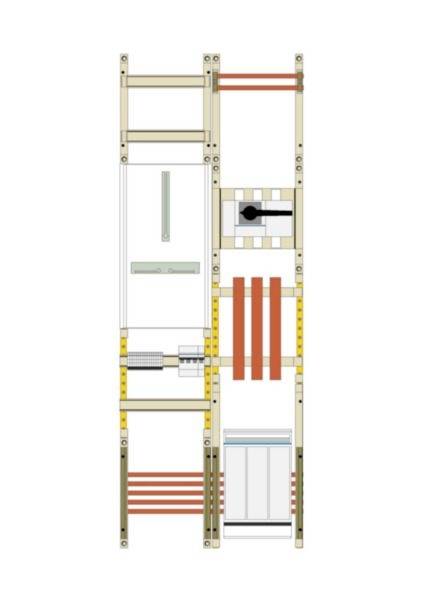 Technisches Diagramm einer vertikalen Rahmenmontage mit zwei verbundenen Säulen, Querträgern, Platten und Halterungen in einem geschichteten Layout.