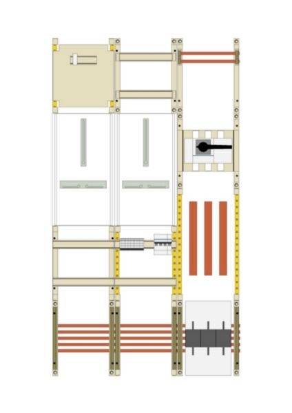 Technische Schemazeichnung einer modularen Struktur oder eines Maschinenrahmens, die vertikale Stützen, Paneele, Querträger und interne Komponenten in einem segmentierten Layout zeigt.