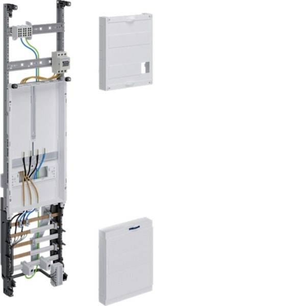 Elektrische Verteilertafel-Baugruppe mit offenem Rahmen und Verdrahtung, dargestellt mit zwei weißen Abdeckplatten auf weißem Hintergrund.