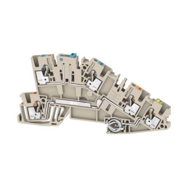 Querschnitt eines mehrstufigen elektrischen Klemmblocks mit internen Verdrahtungskanälen und Federkontakten.