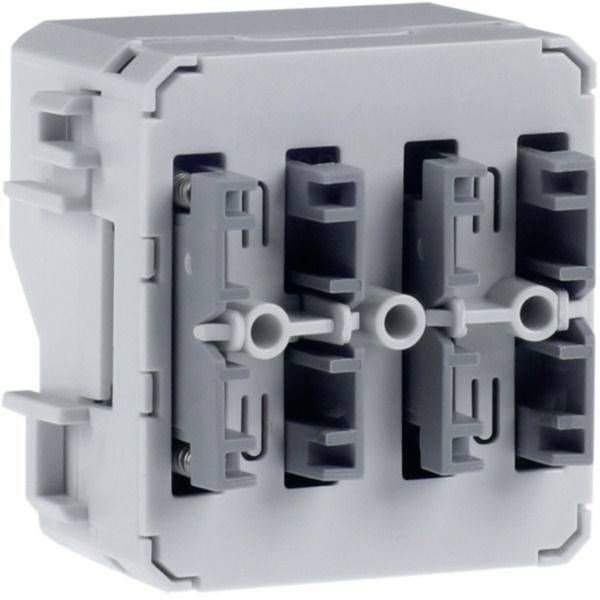 Nahaufnahme eines grauen Elektro-Klemmleistensteckers mit vier Anschlussanschlüssen und Befestigungsclips.