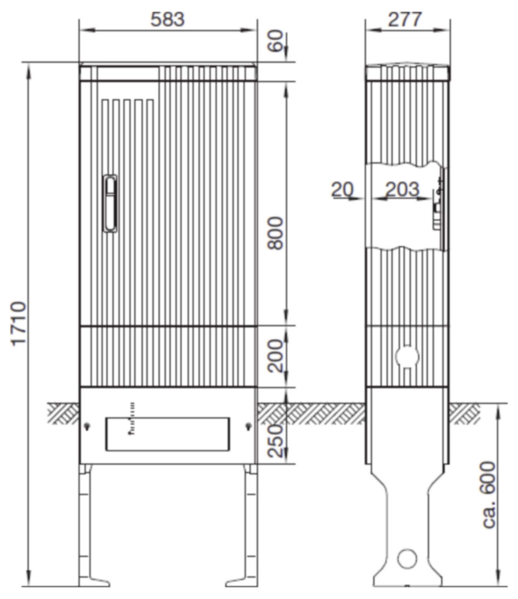 Maßstabgerechte technische Zeichnung eines hohen rechteckigen Schranks oder Heizers, dargestellt in Vorder- und Seitenansicht, mit den Angaben 1710 mm Höhe, 583 mm Breite und 277 mm Tiefe.