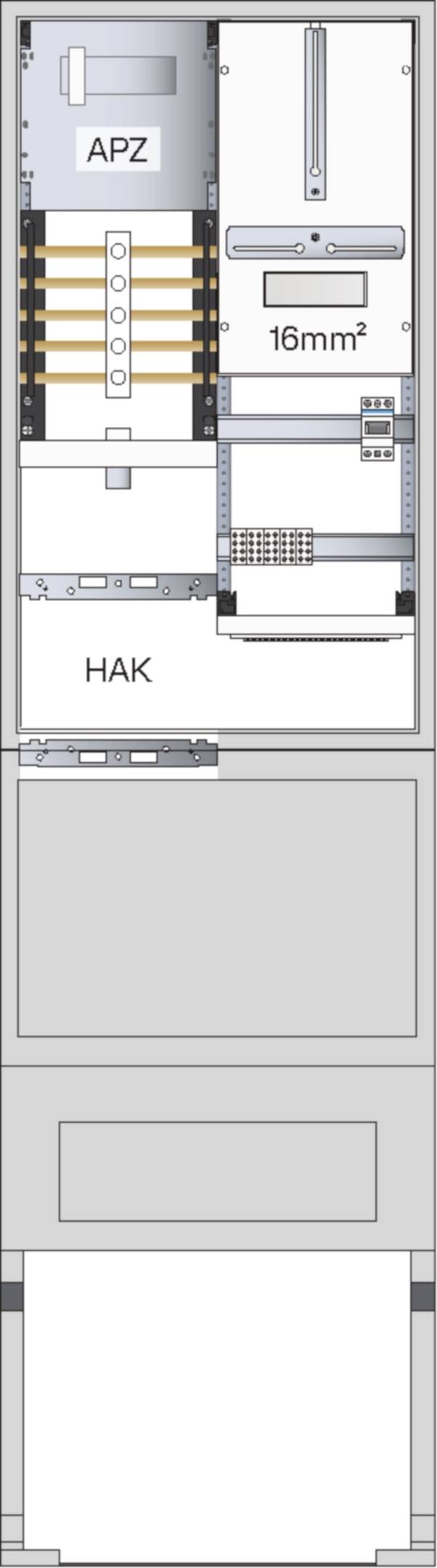Elektroschalttafel-Schaltplan mit APZ- und HAK-Bereichen, Klemmleisten und einem Hauptbereich mit 16mm² Kennzeichnung sowie Kabelführungspfaden.