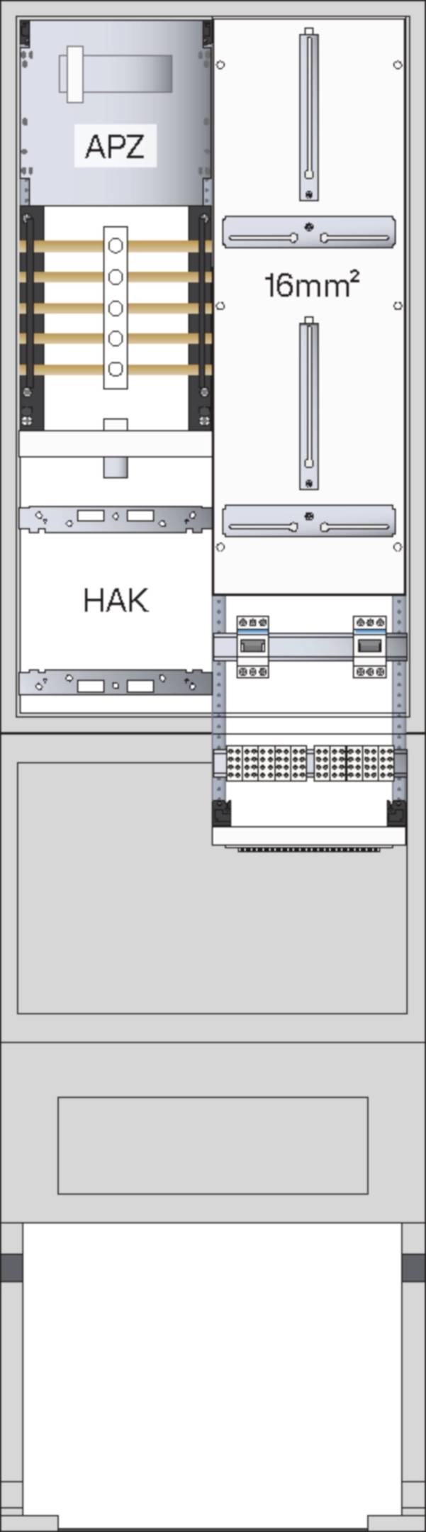 Technisches Schaltplan eines Schaltschranks mit Abschnitten gekennzeichnet als APZ und HAK, Kabelstrecken, Montageschienen und einem 16-mm²-Leiterquerschnitt.