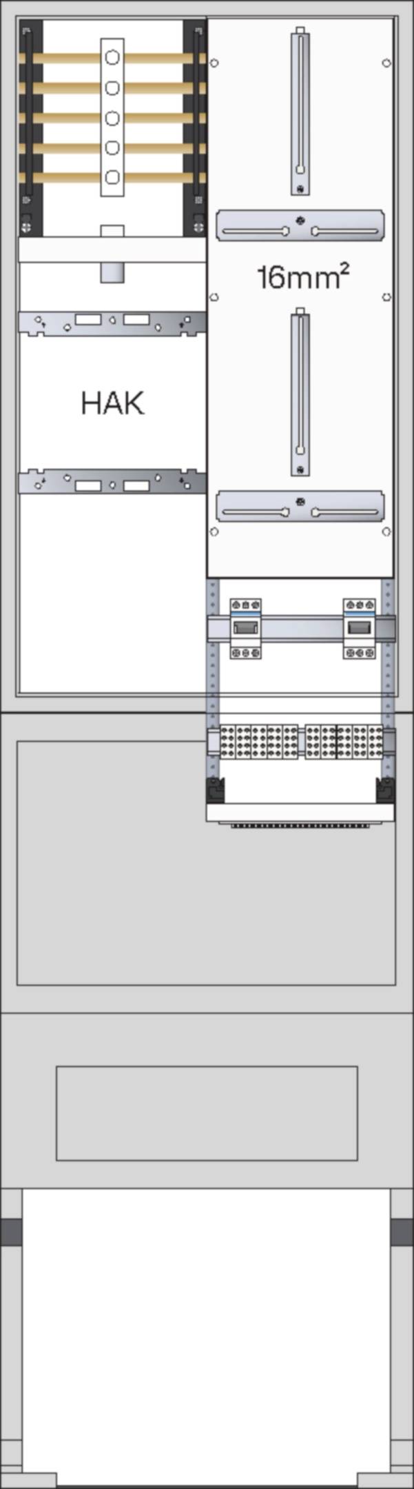 Technische Zeichnung einer montierten elektrischen Komponente mit DIN-Schiene, beschrifteten Anschlüssen und einem 16-mm²-Verbindungsbereich auf einem Paneellayout.