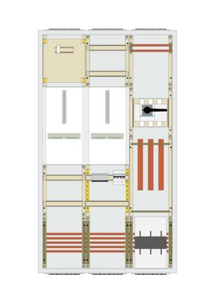 Draufsicht einer modularen rechteckigen Baugruppe mit beschrifteten Abschnitten, vertikalen Paneelen und farbigen Querstangen, die einem Schaltplan oder mechanischen Layout ähnelt.