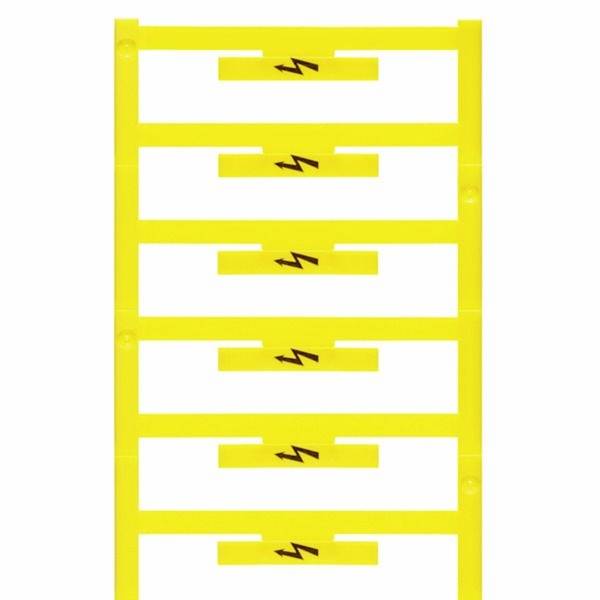 Leuchtend gelbes Sicherheitsetikett für Elektrizität mit sechs übereinander angeordneten weißen Feldern, von denen jedes mit einem schwarzen Blitzsymbol gekennzeichnet ist.