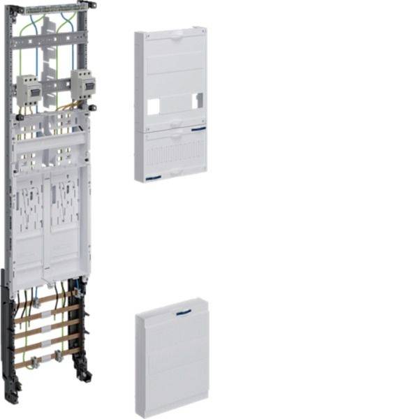 Explosionszeichnung eines Elektroverteilerschranks mit offenem Metallrahmen und zwei abnehmbaren weißen Abdeckpaneelen.