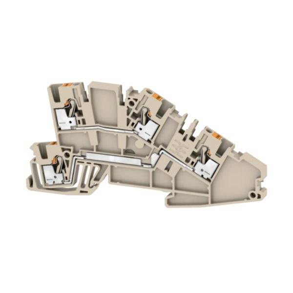 Querschnitt eines beigen modularen Steckers oder Klemmblocks mit sichtbaren inneren Metallkontakten und Drahtleitungswegen.