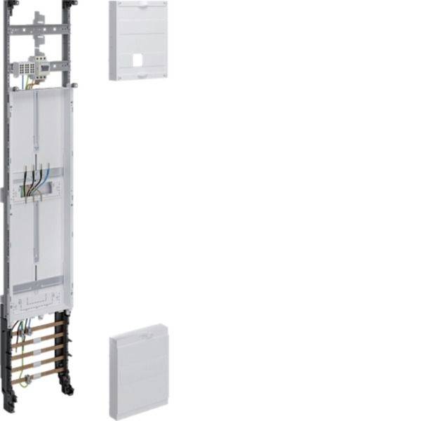 Offener Elektroschrank mit Verdrahtung und Sammelschienen, daneben zwei weiße Abdeckplatten auf neutralem Hintergrund dargestellt.