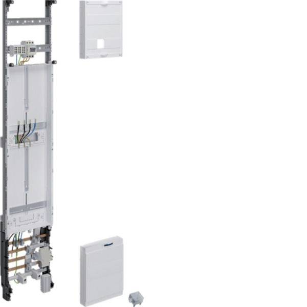 Explosionszeichnung eines wandmontierten elektrischen Steuerschranks mit interner Verdrahtung, Modulen und Abdeckplatten, die für eine Montageillustration getrennt dargestellt sind.