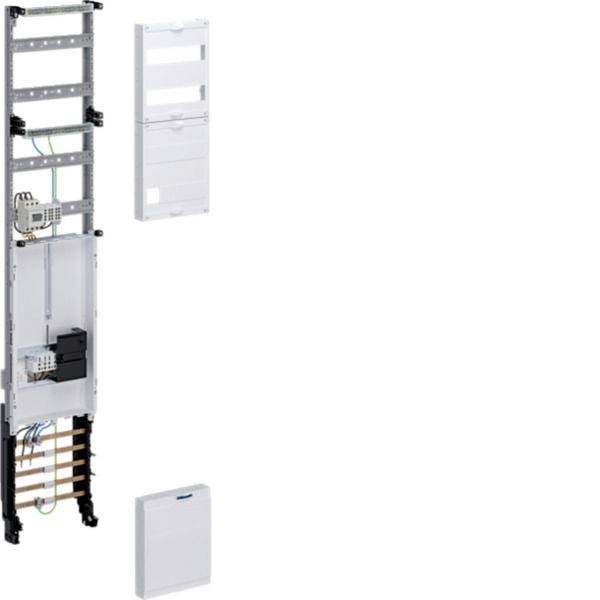 Offene Elektroschalttafel-Baugruppe mit freiliegenden Leitungen, Schutzschaltern und Befestigungsrahmen neben einer separat abgenommenen weißen Abdeckplatte.