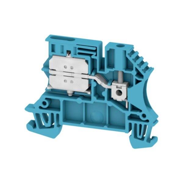 Querschnitt eines blauen Elektroterminalblocks mit internem Metallkontakt und Federklemmmechanismus.