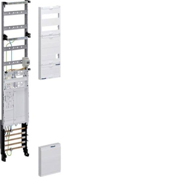 Wandmontiertes Elektroverteilerpanel mit freiliegendem Metallrahmen und Verkabelung, dargestellt mit abgenommenen weißen Abdeckungsplatten und einer unteren Zugangsabdeckung.
