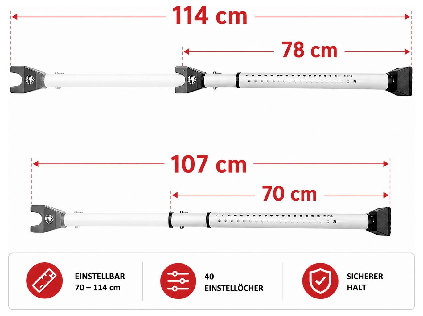 Grafik eines verstellbaren Werkzeugs mit zwei Längen: 70–114 cm. Markiert sind 40 Einstelllöcher und sicherer Halt.<br>