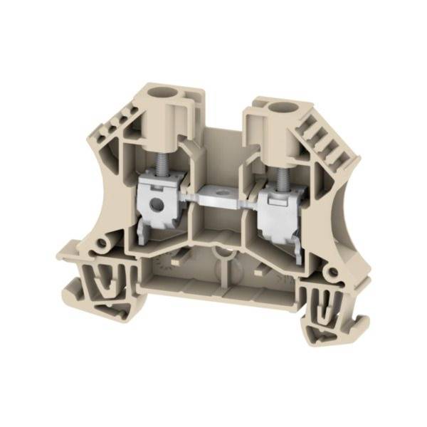 Querschnitt eines beigen Elektroklemmenblocks mit zwei Schraubklemmen, die durch eine Metallbrücke in einem Kunststoffgehäuse verbunden sind.