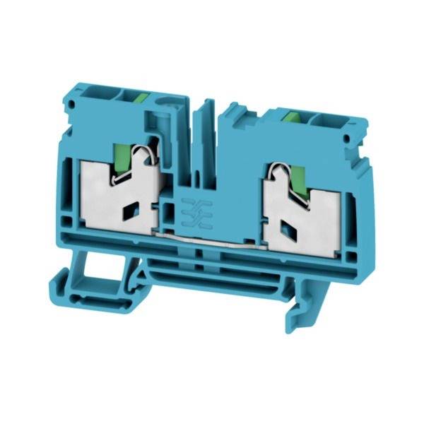Blauer DIN-Schienenklemmenblock-Stecker mit zwei Metallklemmenterminals auf weißem Hintergrund.