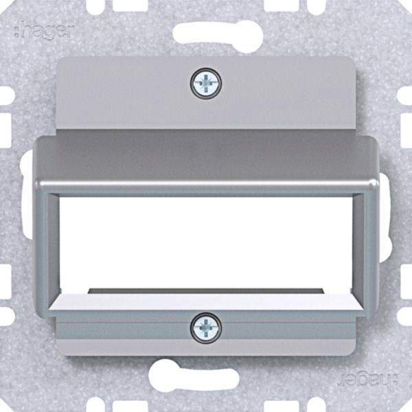 Graue an der Wand montierbare Metallhalterung oder Halter mit rechteckiger Öffnung und Schraubbefestigung, zentral auf hellem gemustertem Hintergrund dargestellt.