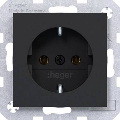 Schwarze Hager Elektrosteckdose mit Metallmontagekrahmen, gezeigt in Vorderansicht.
