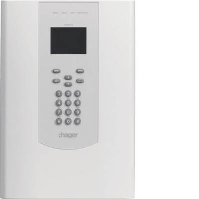 Weiße Hager Wandmontage-Gegensprechanlage/Bedienfeld mit kleinem Display und numerischer Tastatur.