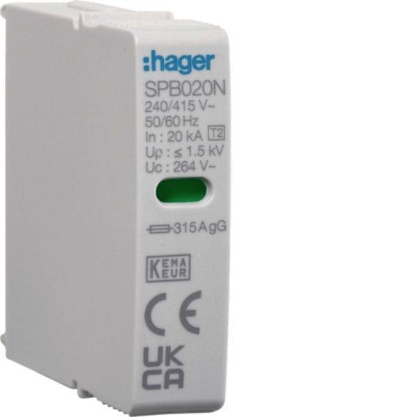 Weiß Hager SPB020N Elektroschutzmodul gegen Überspannungen mit grünem Kontrollfenster und CE-, UKCA- und KEMA-KEUR-Kennzeichnungen.