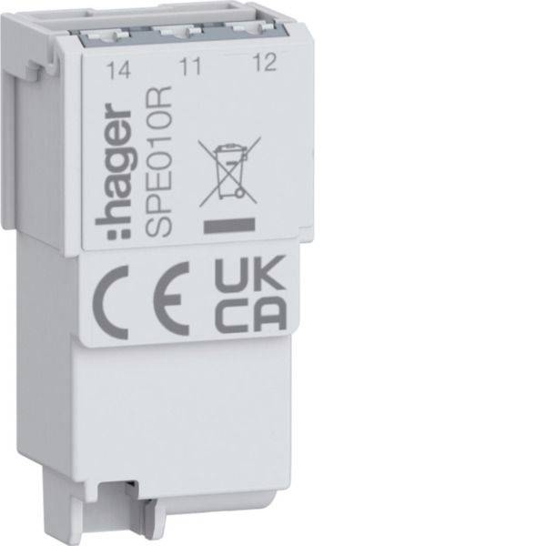 Weißes Hager SPE010R Elektromodul mit Anschlussklemmen-Nummern 14, 11, 12 und CE/UKCA-Kennzeichnungen auf einfachem Hintergrund.