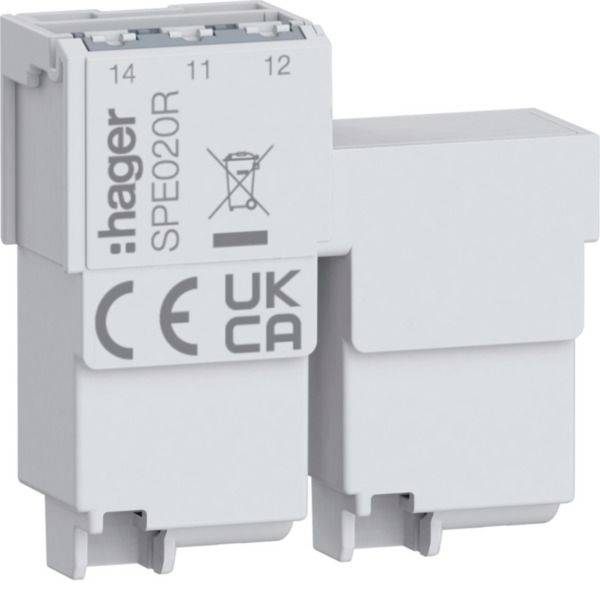 Weißes Hager SPE020R Elektromodul mit CE- und UKCA-Markierungen, dargestellt in einer produktstilisierten Nahaufnahme.