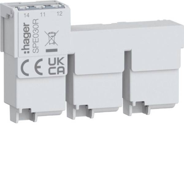 Weißer Hager SPE030R modularer elektrischer Komponente mit drei Steckabschnitten, dargestellt auf einem schlichten Hintergrund.