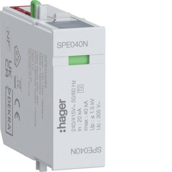 Grauer Hager SPE040N Überspannungsschutzmodul mit grünem Statusanzeiger und technischen Bewertungen auf der Vorderseite