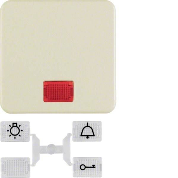 Cremefarbener wandmontierter Alarm mit rotem Anzeigelicht und austauschbaren Symbolplatten für Licht-, Klingel- und Schlüsselfunktionen.