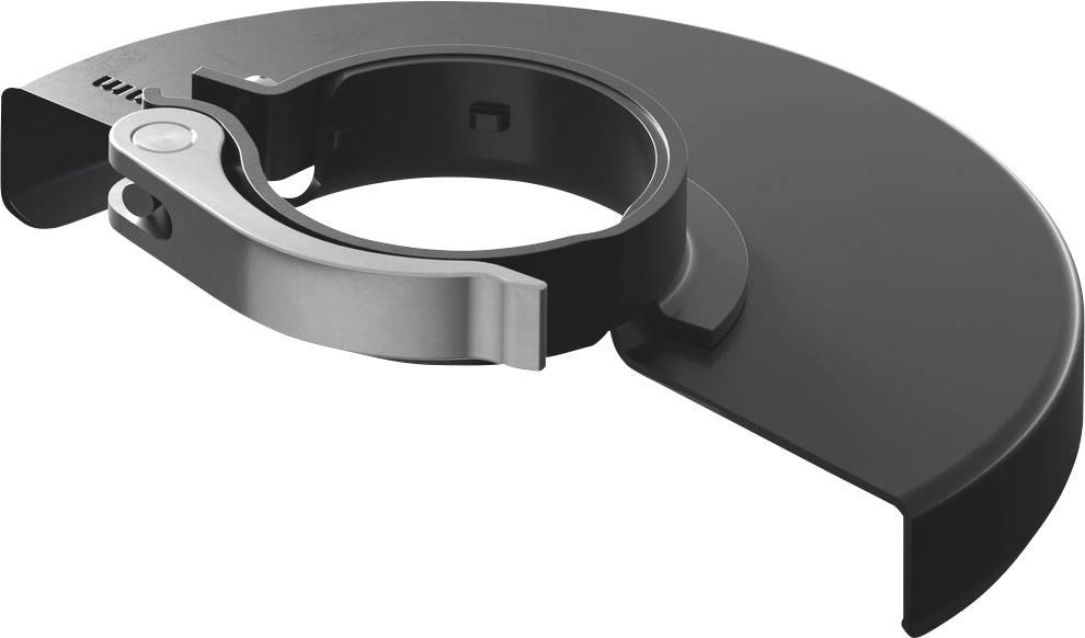Schwarze Metallrohrschelle mit Scharnierriegel und großem gewölbtem Schutzschild, dargestellt in einer produktstylisierten isolierten Ansicht.