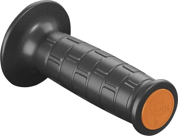 Schwarzer Gummi-Fahrradlenkergriff mit ausgestelltem Ende und orange Endkappe auf weißem Hintergrund.