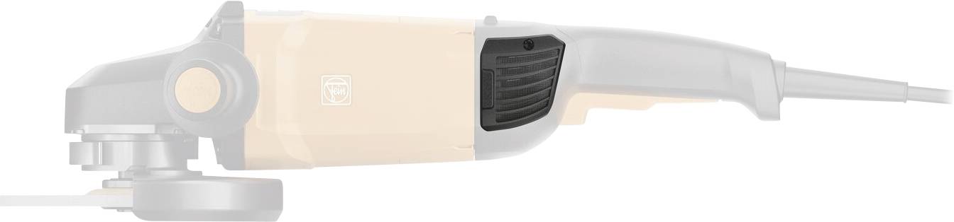 Schnurgebundener tragbarer Winkelschleifer mit grauem Gehäuse, orangefarbenem mittlerem Bereich, Seitengriff und angebrachter Schleifscheibe.