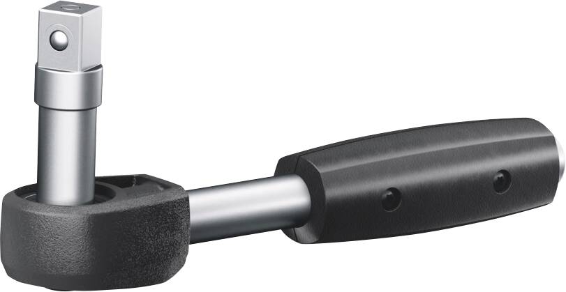 Metallischer Kurbelgriff mit schwarzem Griff und quadratischer Buchse, isoliert auf weißem Hintergrund dargestellt.