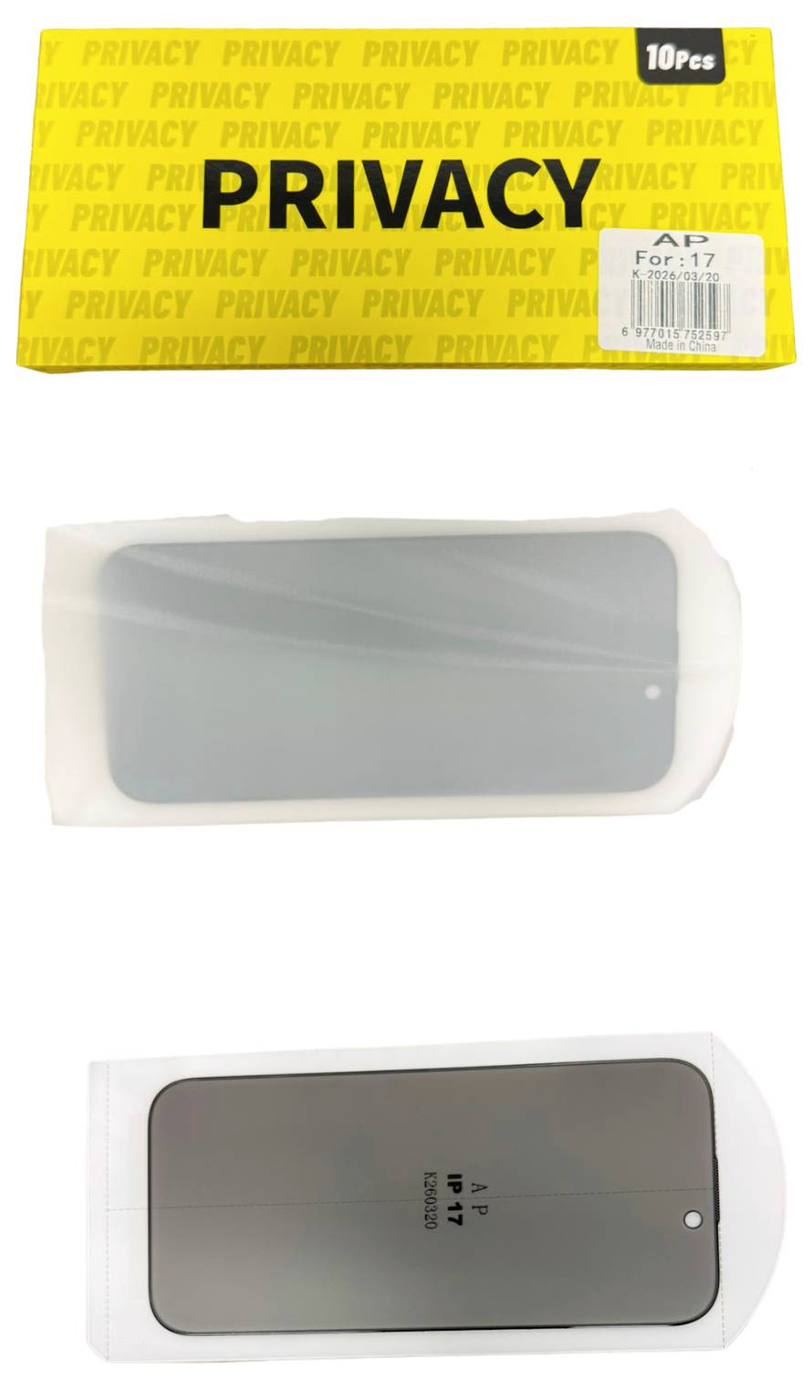 Drei Datenschutz-Displayschutzfolien für ein iPhone 17, verpackt gezeigt und zwei einzelne Schutzfolien.