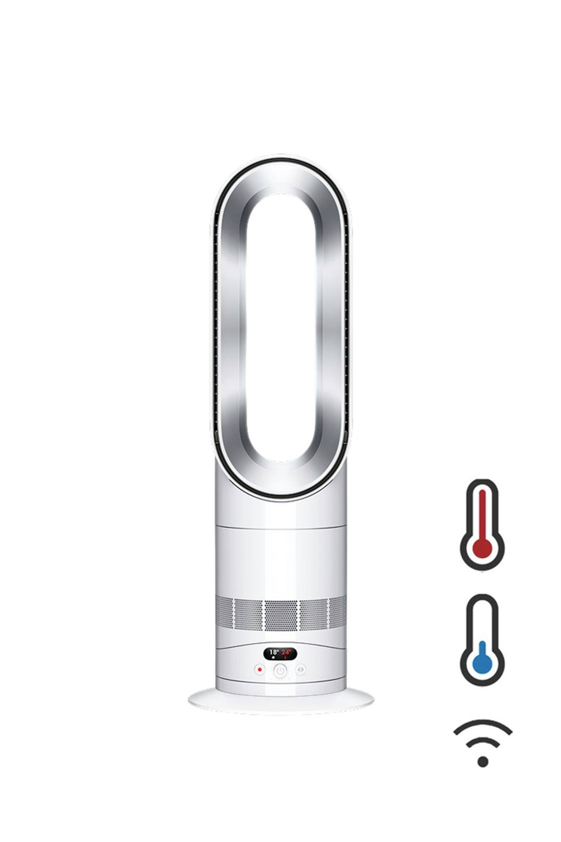 Weißer blattloser Turmventilator mit Bedienfeld, dargestellt mit Symbolen für Heizung, Kühlung und Wi-Fi-Konnektivität.