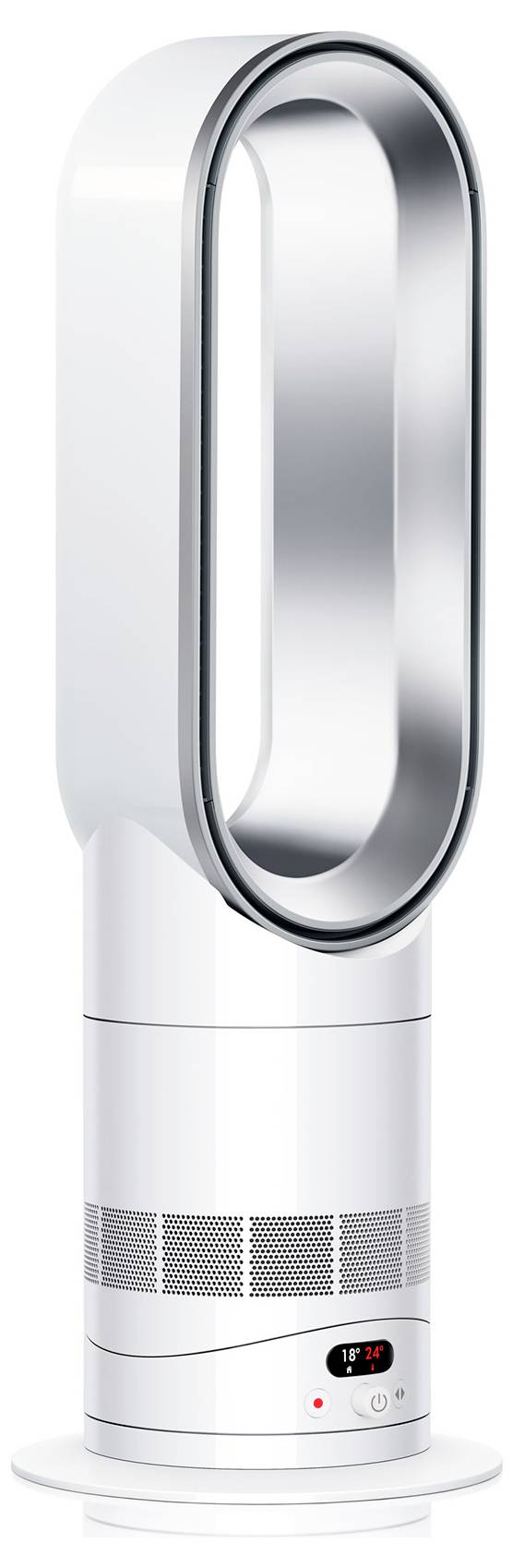 Weißer blattloser Turmventilator mit ovalem silbernem Luftauslass, perforiertem Sockel, digitaler Anzeige und Stromschalter auf rundem Ständer.