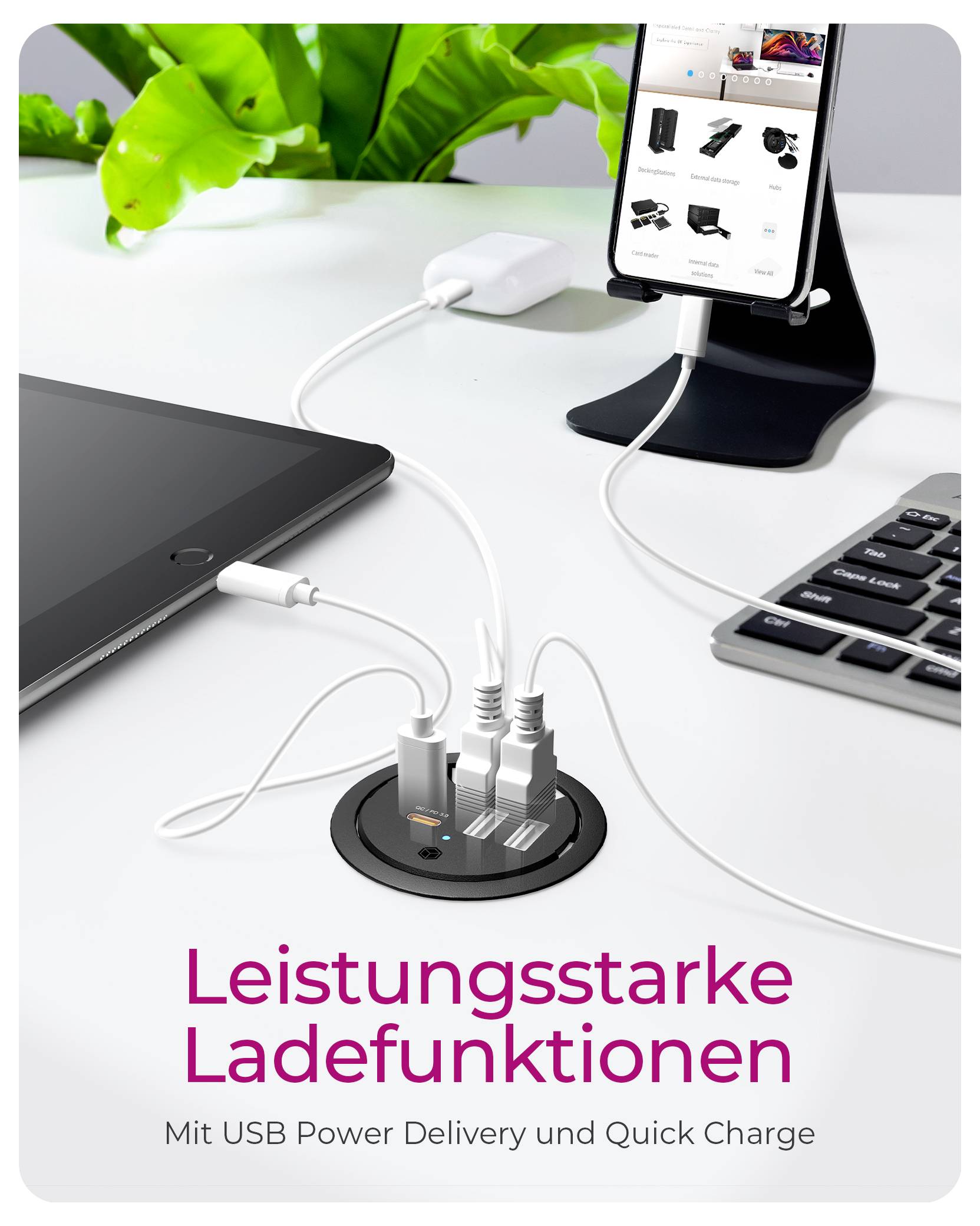 Werbegrafik mit mehreren Geräten, die von einem Desktop-USB-Hub geladen werden, mit dem Text „Leistungsstarke Ladefunktionen" und „Mit USB Power Delivery und Quick Charge".