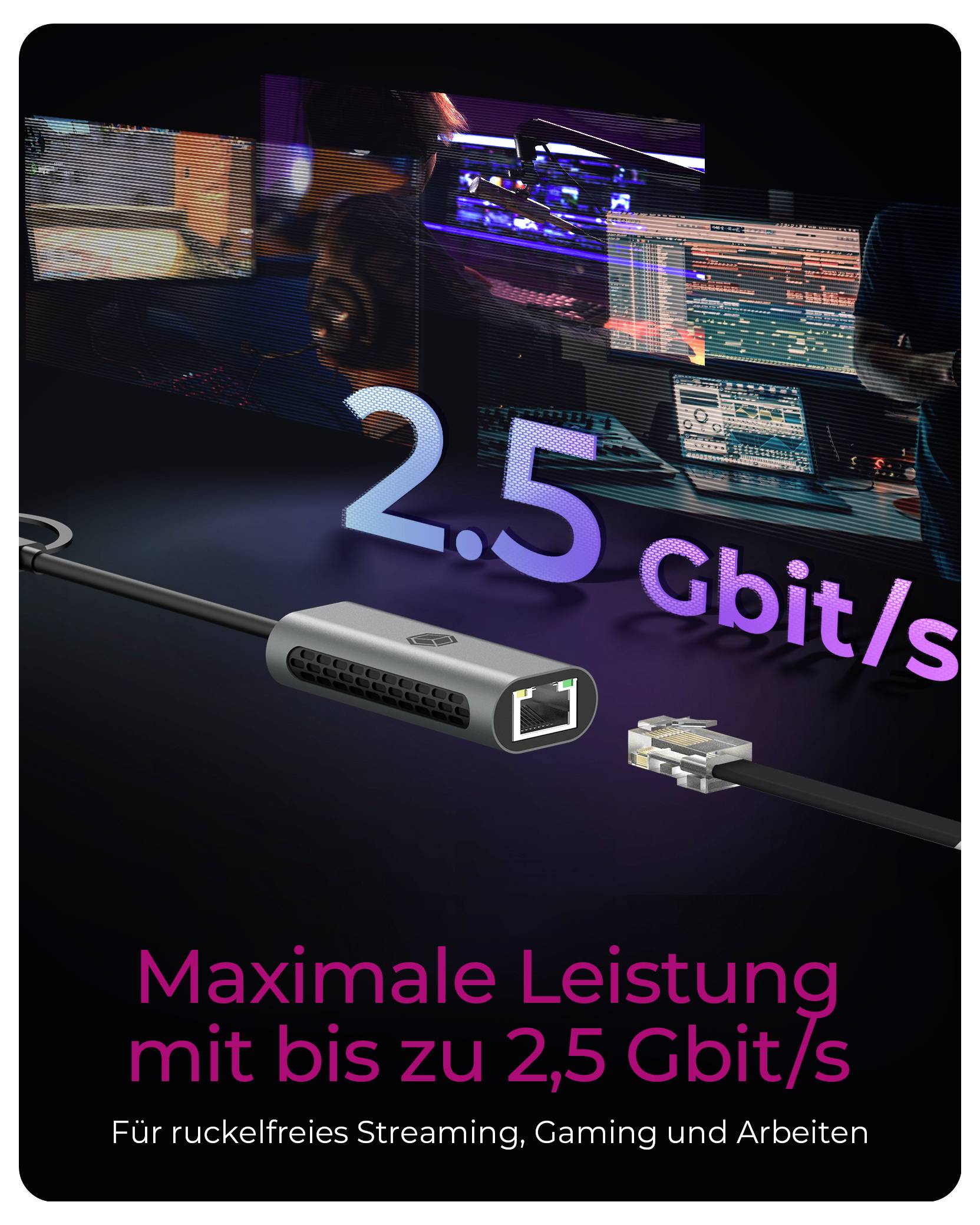 Werbegrafik für 2,5 Gbit/s Ethernet, die einen Netzwerkport und ein Kabel über einem Tech-Arbeitsbereich zeigt, mit dem Text „Maximale Leistung mit bis zu 2,5 Gbit/s" und „Für ruckelfreies Streaming, Gaming und Arbeiten".