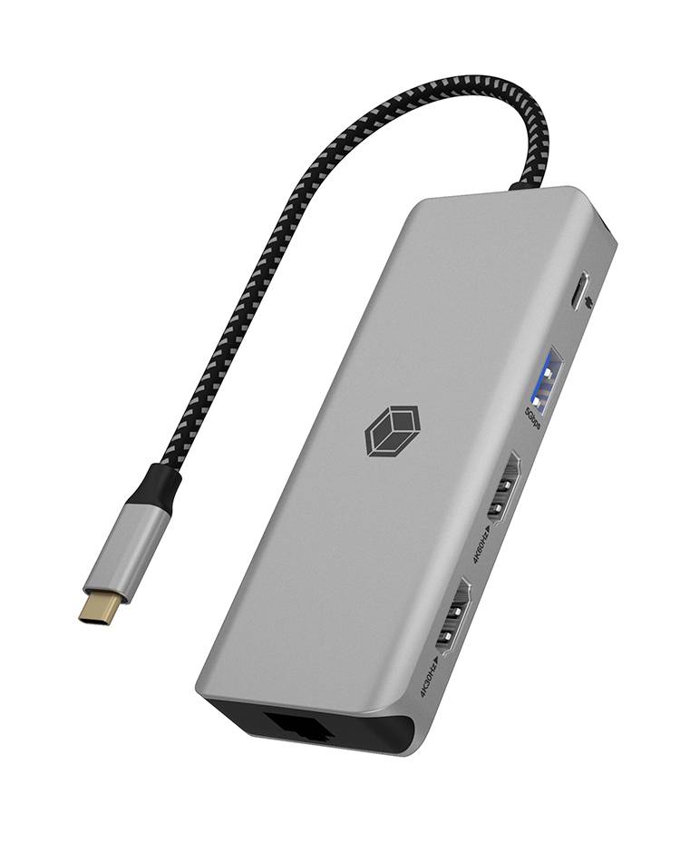 Silberner USB-C-Hub mit geflochtenem Kabel, mit mehreren Anschlüssen einschließlich USB-A, HDMI und Ethernet