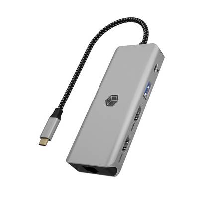 Silberner USB-C-Hub mit geflochtenem Kabel, mit mehreren Anschlüssen einschließlich USB-A, HDMI und Ethernet
