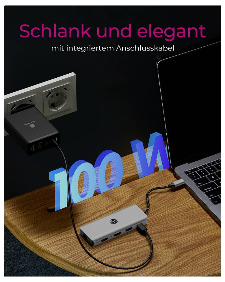 Marketingbild eines schlanken grauen USB-C-Hubs auf einem Schreibtisch, der mit einem Laptop und Wandladegerät verbunden ist, mit den Beschriftungen „Schlank und elegant" und „mit integriertem Anschlusskabel", mit der Leistungsangabe „100 W".