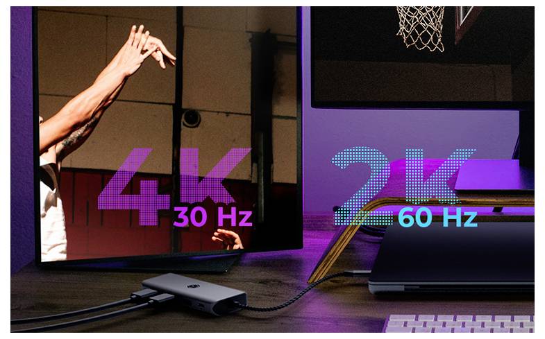 Nebeneinander-Vergleich von Monitoren mit 4K bei 30 Hz auf der linken Seite und 2K bei 60 Hz auf der rechten Seite, was auf Unterschiede in der Anzeigelei­stung hindeutet.
